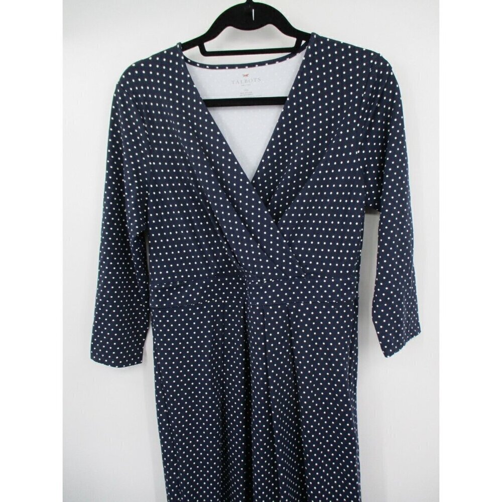 Talbots Womens Dress 10P Petites Blue Navy Polka Dot V Neck Nylon Stretchy Knit - Picture 6 of 16